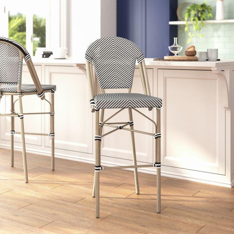Emma & Oliver Massalia Set of 2 Indoor/Outdoor Bistro 30" High Barstools, Commercial Grade, Black/White and Light Bamboo Finish