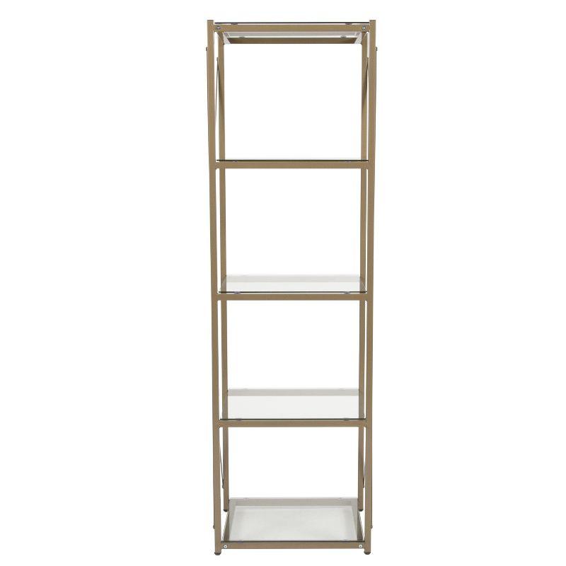 Merrick Lane 64" Modern Bookshelf Glass 4-Shelf Bookcase with Powder Coated Matte Gold Cross Braced Frame