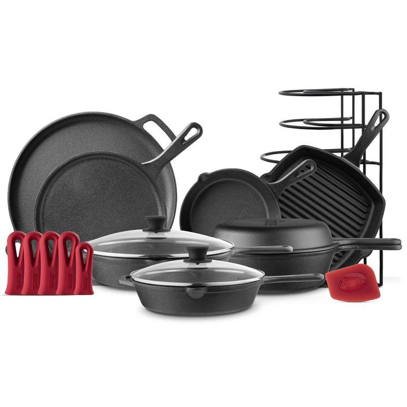 11-Piece Black Cast Iron Non-Stick Cookware Set with Glass Lids