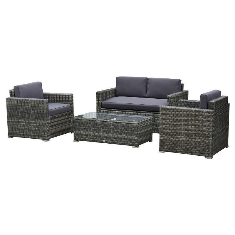 Outsunny 4-Piece Rattan Wicker Furniture Set, Outdoor Cushioned Conversation Furniture with 2 Chairs, Loveseat, and Glass Coffee Table, Gray