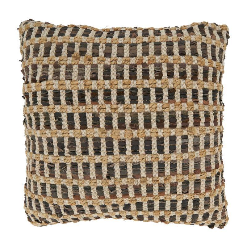 Saro Lifestyle Earthy Leather and Jute Woven Down Filled Throw Pillow, Brown, 20"x20"