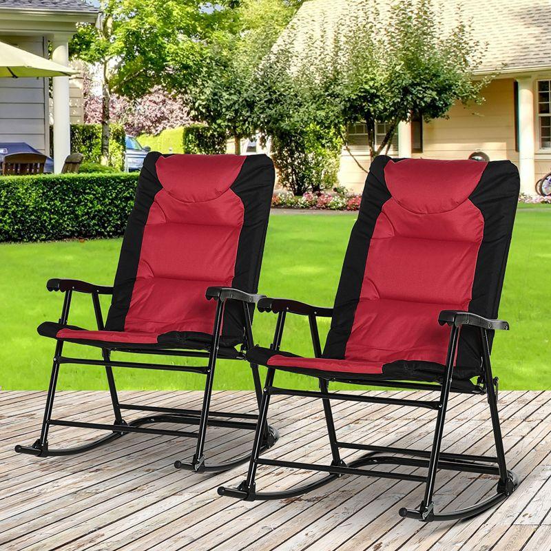 Outsunny 2 Piece Outdoor Rocking Chair Set, Patio Furniture Set with Folding Design, Armrests for Porch, Camping, Balcony, Red