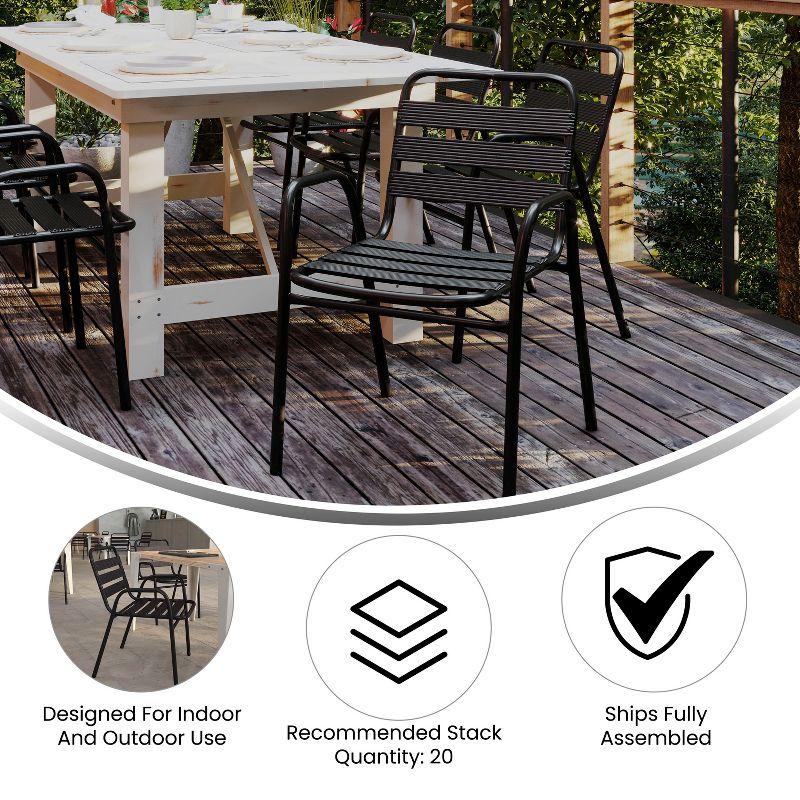 Flash Furniture Lila Commercial Black Metal Indoor-Outdoor Restaurant Stack Chair with Metal Triple Slat Back and Arms