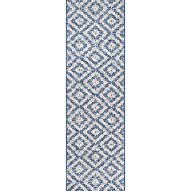 Nuloom Marybelle Geometric 2x8 Indoor/Outdoor Runner Rug for Living Room Patio Deck Front Porch Entryway Hallway Kitchen, Blue/Ivory
