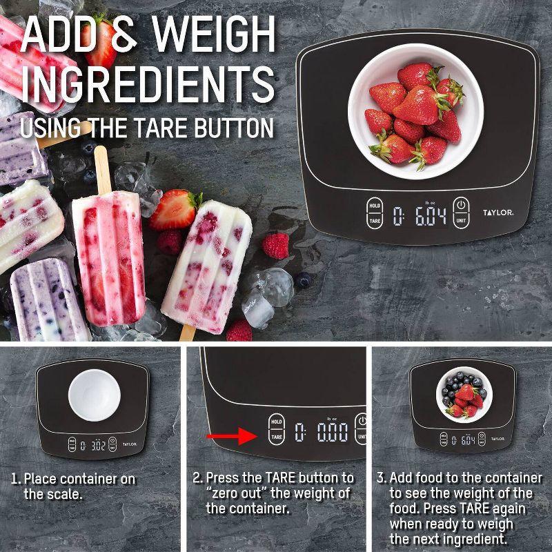 Taylor Waterproof Digital Kitchen 11 lb Food Scale Black: LCD Display, Battery Powered, Measures Grams & Ounces