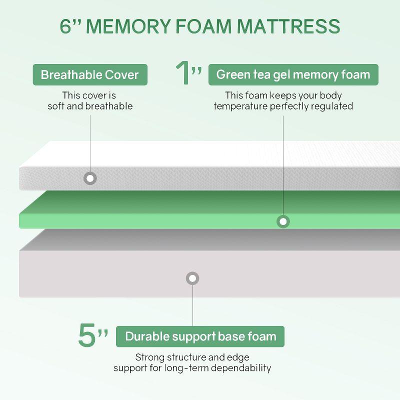 FDW 6 Inch Green Tea Memory Foam Mattress Cooling Gel Infused Mattress Fiberglass Free/CertiPUR-US Certified/Bed-in-a-Box,White