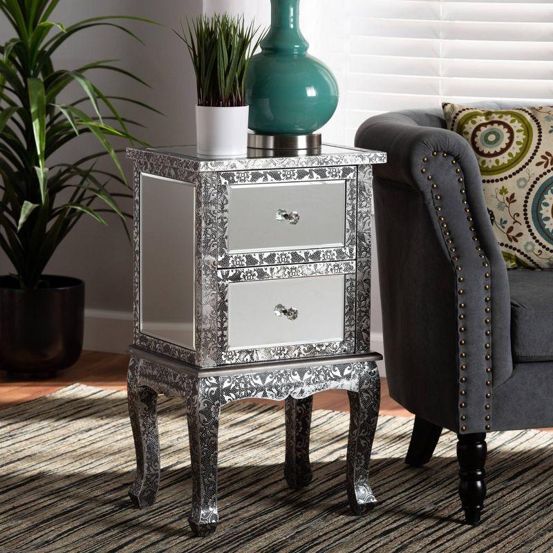 Wycliff Metal and Mirrored Glass 2 Drawer Nightstand Dark Gray/Silver - Baxton Studio