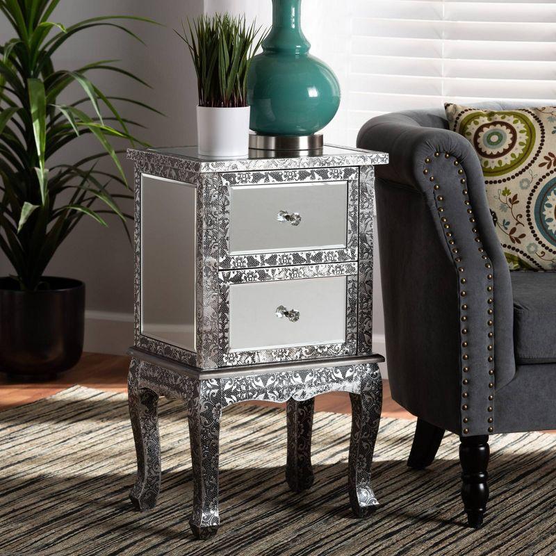 Wycliff Metal and Mirrored Glass 2 Drawer Nightstand Dark Gray/Silver - Baxton Studio