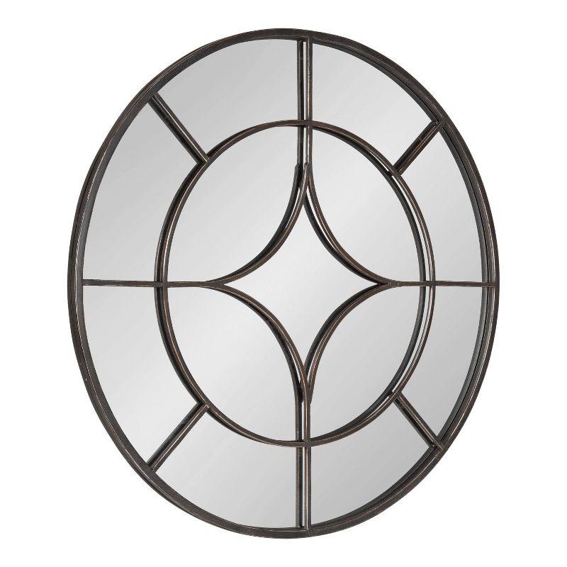 Angelis 34.5" Black Metal Framed Round Wall Mirror with Geometric Overlay
