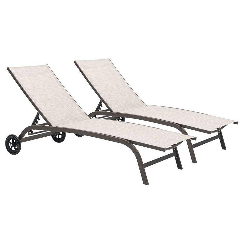 2pc Outdoor Adjustable Chaise Lounge Chairs with Wheels - Beige - Crestlive Products: Aluminum Frame, Rust & Weather-Resistant