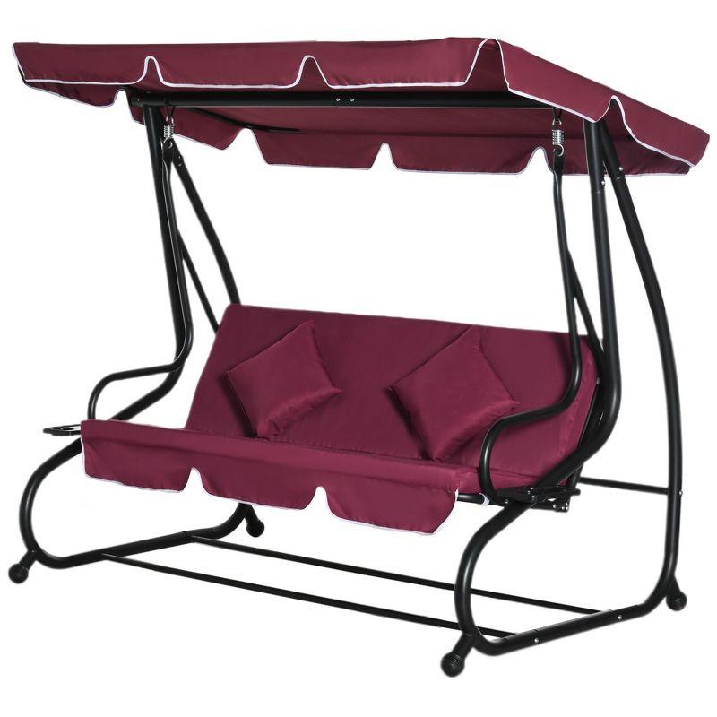Outsunny 3 Seat Outdoor Free Standing Swing Bench Porch Swing with Stand, Comfortable Cushioned Fabric & Included Canopy, Red