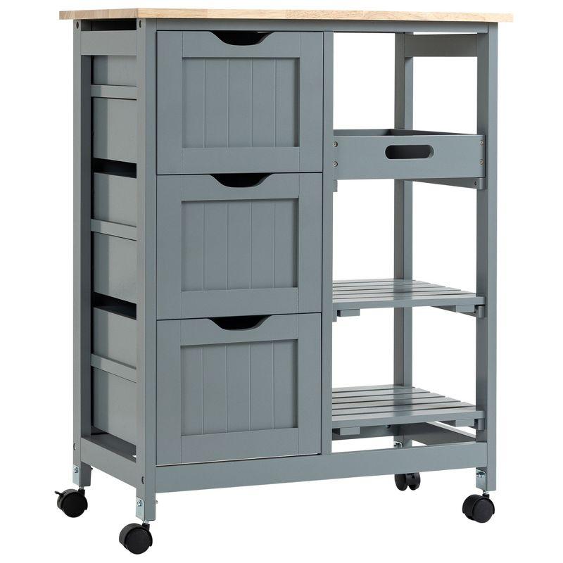 HOMCOM Rolling Kitchen Island Cart, Bar Serving Cart, Compact Trolley on Wheels with Wood Top, Shelves & Drawers for Home Dining Area, Gray