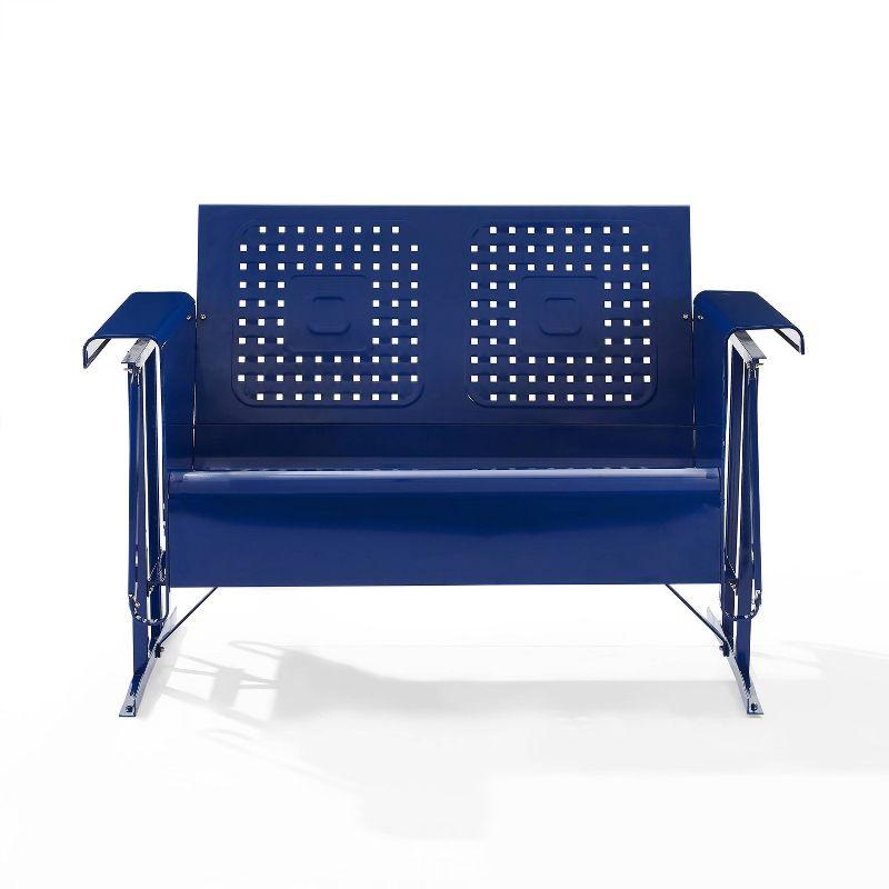 Navy Retro Metal Outdoor Loveseat Glider with Basket Weave Design