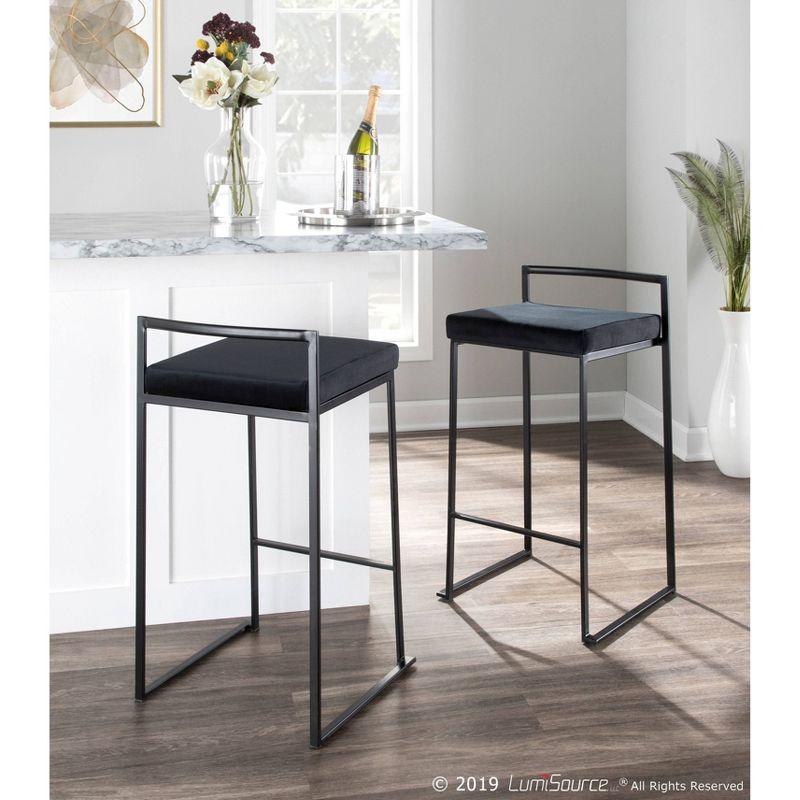 Set of 2 Black Metal and Velvet Contemporary Counter Stools