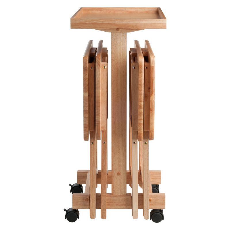 6pc Snack Table Set - Natural - Winsome: Hardwood Construction, Foldable with Wheeled Storage Frame