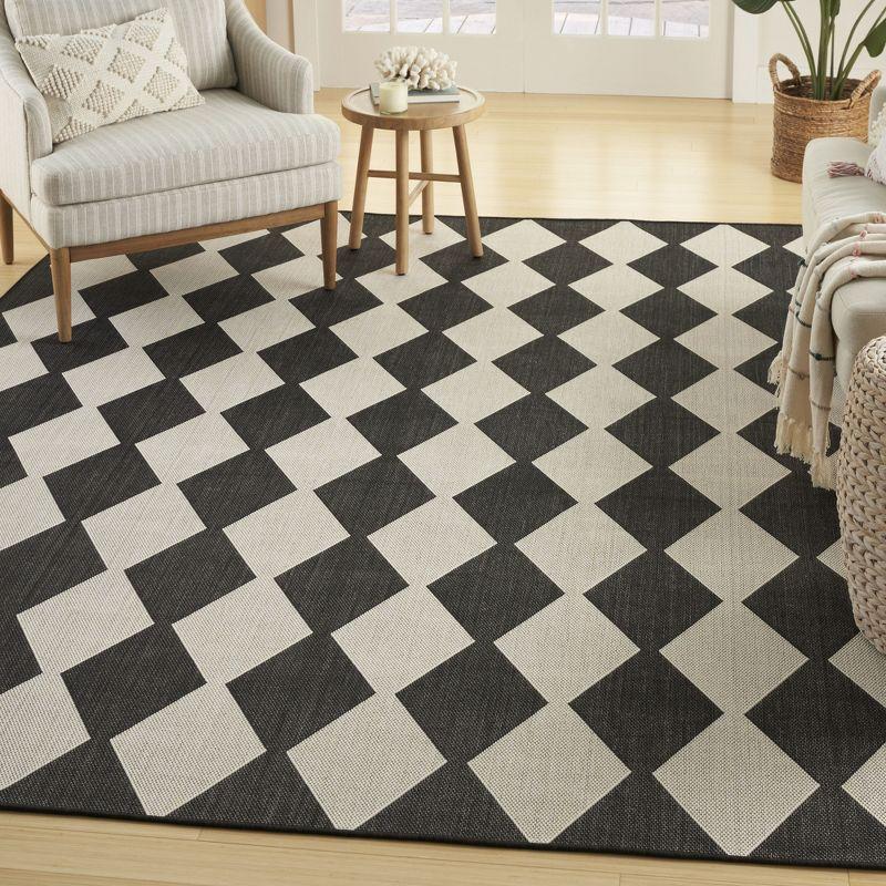 Nourison Positano Retro Diamond Flatweave Indoor Outdoor Low Pile Area Rug Black 8' x 10'