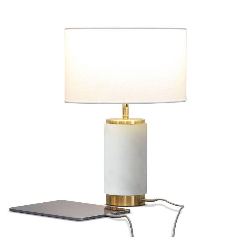 Brightech Arden 17 in. Mid-Century Modern LED Table Lamp with Fabric Drum Shade and USB Port