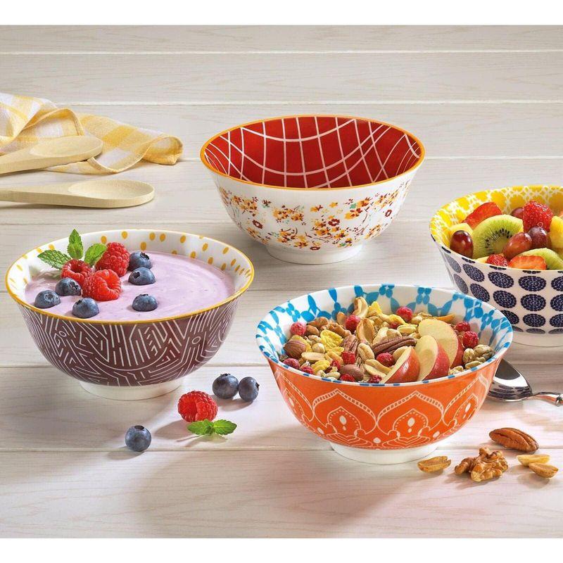 Mandala Pattern Orange and Blue Ceramic Cereal Bowls, Set of 6