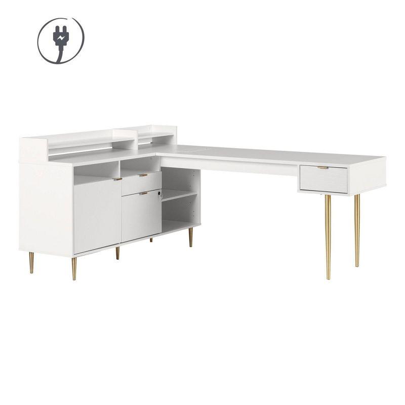 White L-Shaped Corner Desk with Hutch and Brass Legs