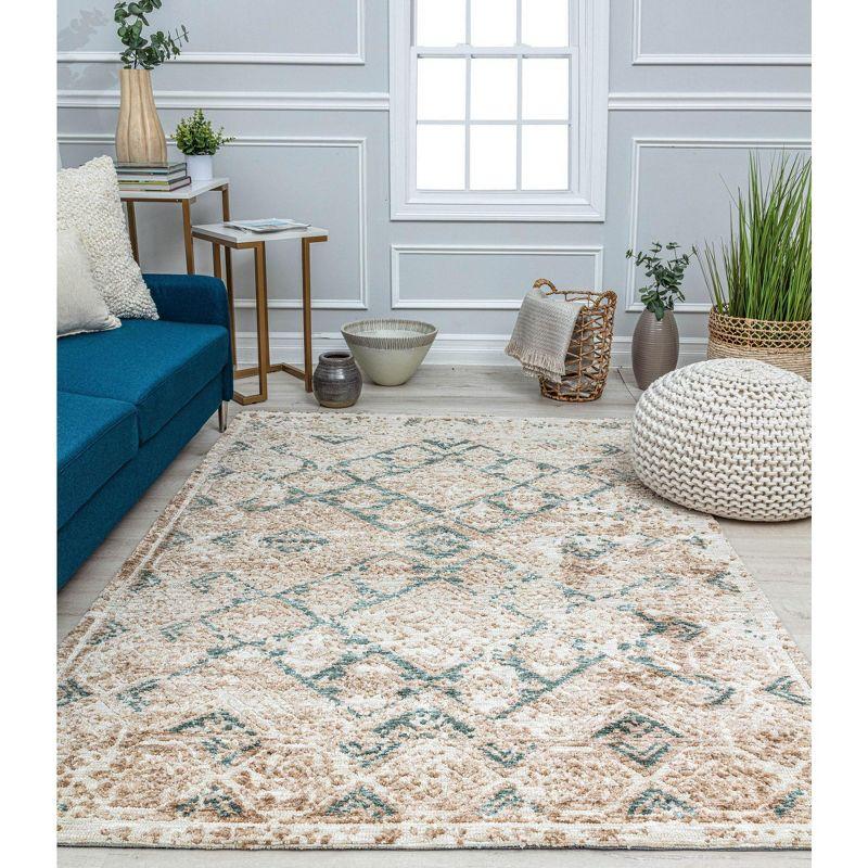 Handmade White and Beige Geometric Synthetic Area Rug