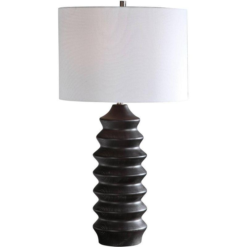 Modern Black Carved Wood Table Lamp with White Drum Shade