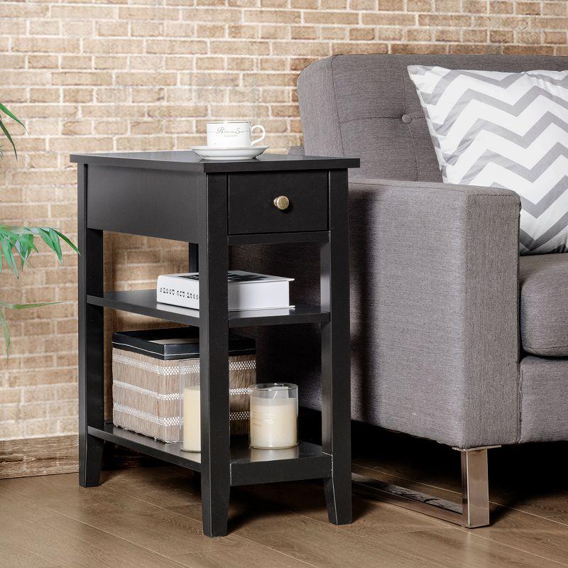 3Tier Nightstand Bedside Table Sofa Side End Table w/Double Shelves Drawer Black