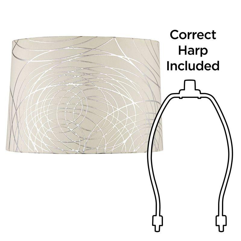 Springcrest Off-White with Silver Circles Medium Drum Lamp Shade 15" Top x 16" Bottom x 11" High (Spider) Replacement with Harp and Finial