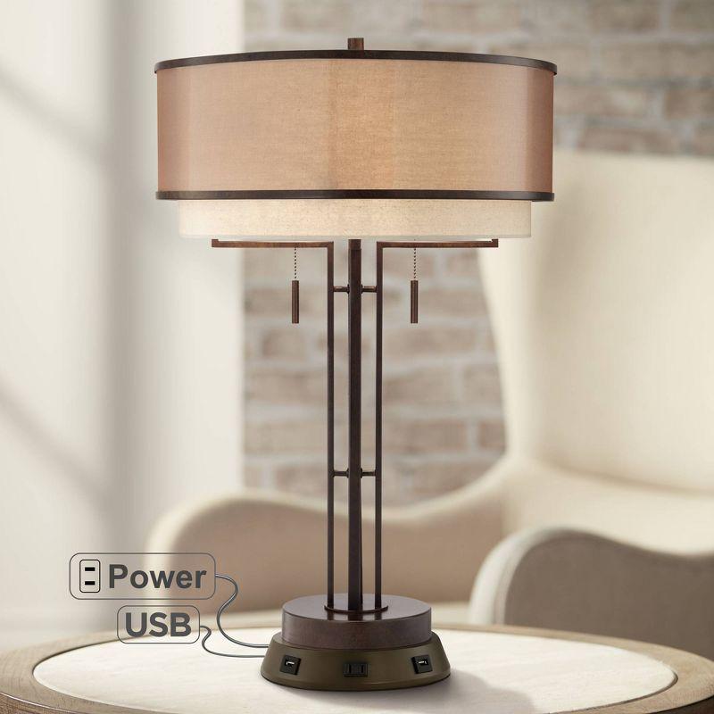 Franklin Iron Works Industrial Table Lamp with USB and AC Power Outlet Workstation Charging Base 26" High Bronze Double Shade Living Room