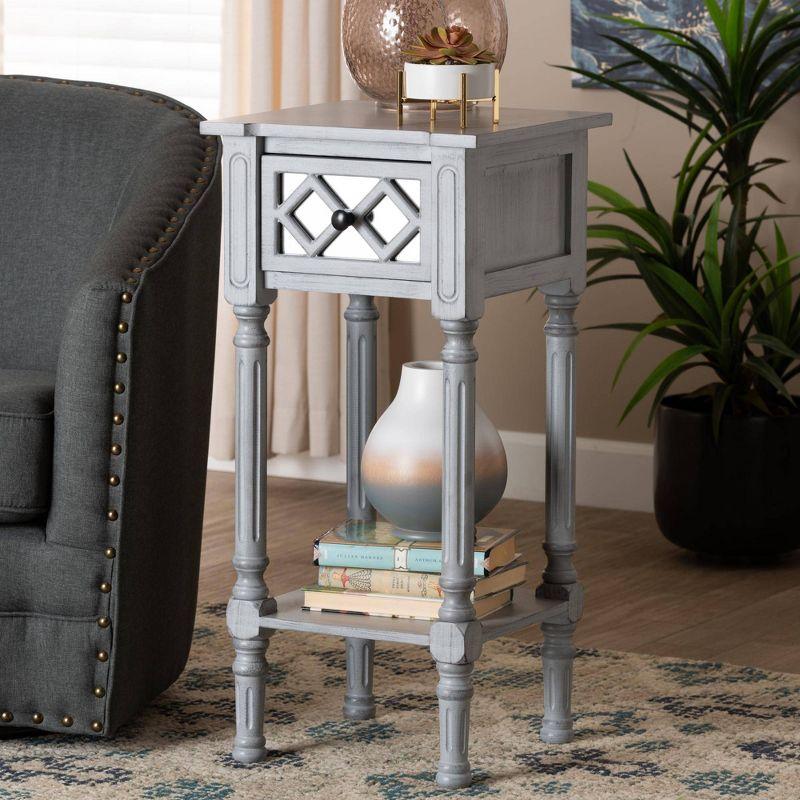 Baxton Studio Gellert Wood 1 Drawer End Table Gray/Mirror: Fir & MDF with Storage, Glass Accent