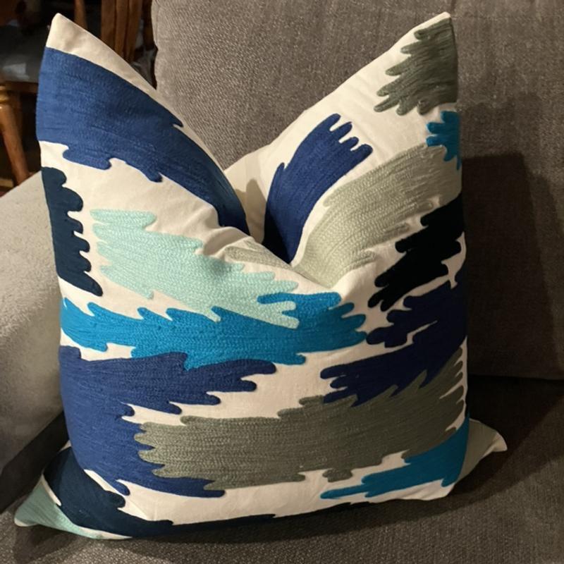 20"x20" Embroidered Brushstroke Design Throw Pillow Lime Haze - Saro Lifestyle: Contemporary Cotton Decor with Duck Down & Polyester Fill