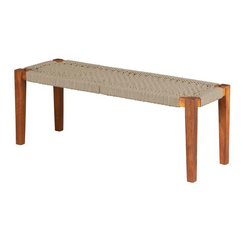 Beige and Natural Acacia Wood Bench with Woven Polypropylene Seat