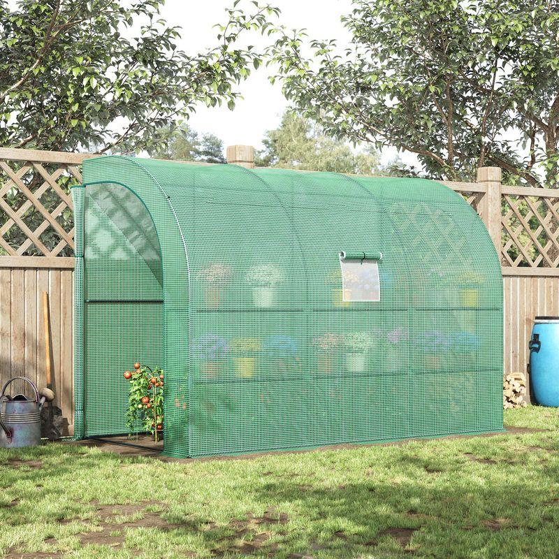Outsunny 118" x 59" x 83.75" Outdoor Walk-In Greenhouse, Plant Nursery with Roll-up Window, PE Cover, and 3-Tier Wire Shelves, Green