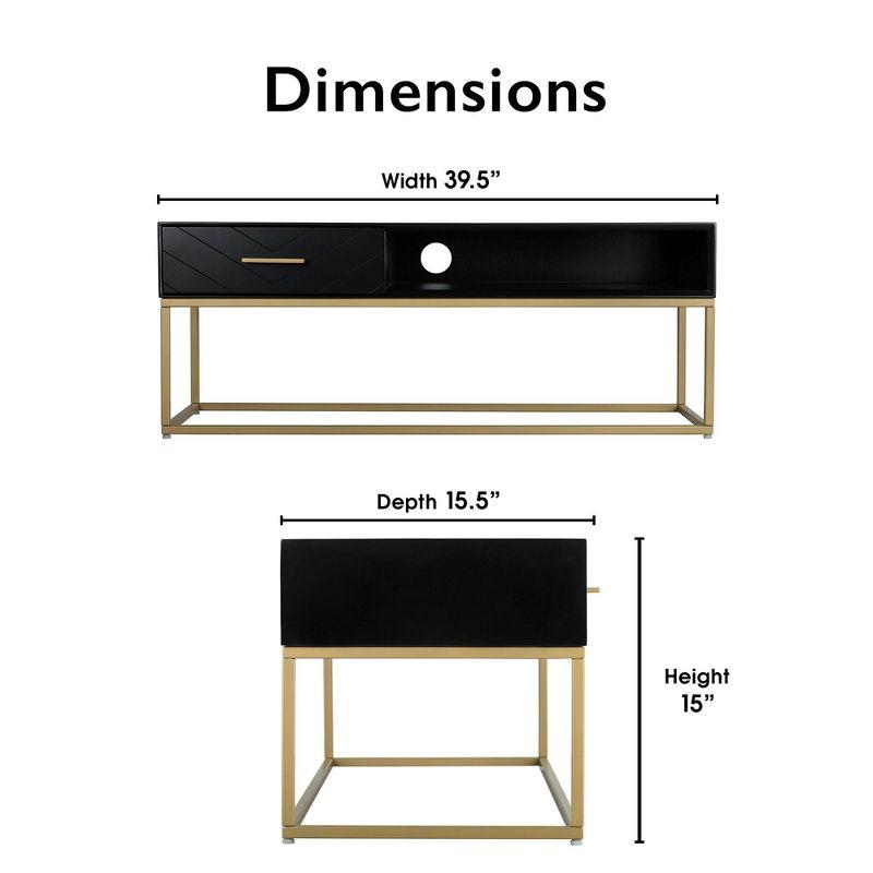 Tommy Hilfiger Ellias Modern TV Console Stand with 1 Drawer, Glossy Black Top, Golden Metal Frame