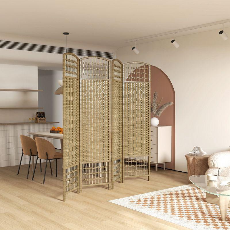 HOMCOM 4 Panel Room Divider, Folding Privacy Screen, 5.6' Room Separator, Wave Fiber Freestanding Partition Wall Divider, Natural