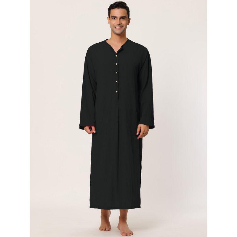 Lars Amadeus Men's Cotton Side Split Long Sleep Nightgown with Pockets Black Small