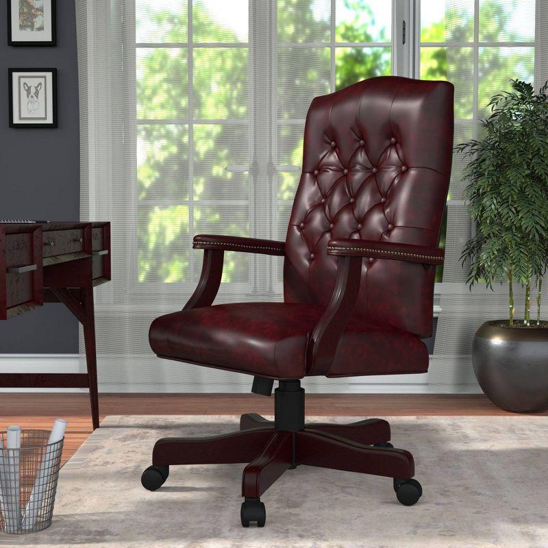 Classic Burgundy Executive Chair with Mahogany Wood Base