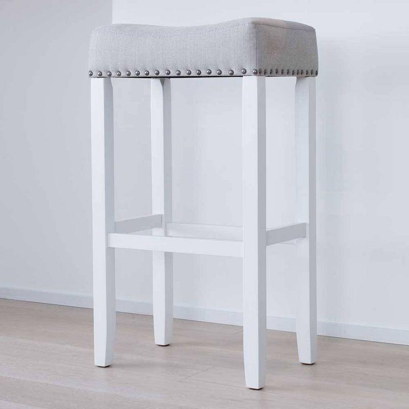 Hylie 29" Gray Fabric Cushion Barstool with White Wood Frame