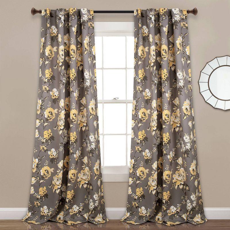 Gray and Yellow Floral Blackout Polyester Curtain Panels, Set of 2