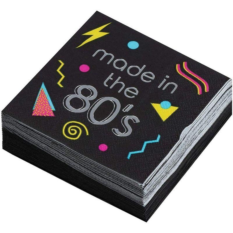 Juvale 80s Cocktail Napkins - 50-Pack Made in the 80s in Silver Foil Disposable Napkins, Black