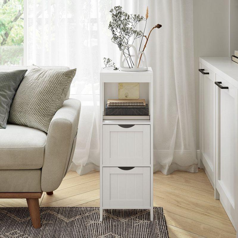 White MDF Bathroom Floor Cabinet with 2 Drawers and Open Shelf