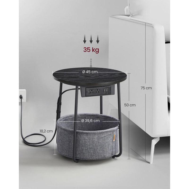 VASAGLE Side Table with Charging Station, Round End Table With Fabric Basket, Nightstand with Power Outlets USB Ports Ebony Black and Slate Gray