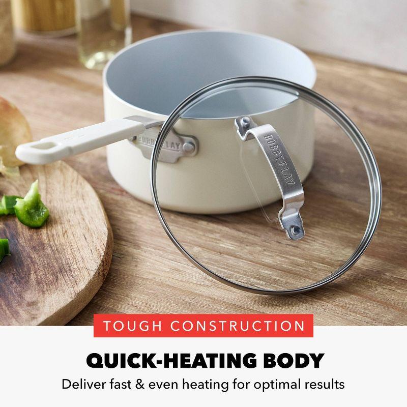 Bobby Flay 2.54qt Ceramic Nonstick Aluminum Sauce Pan with Lid Cream: Dishwasher-Safe, Lifetime Warranty, PTFE & PFOA Free