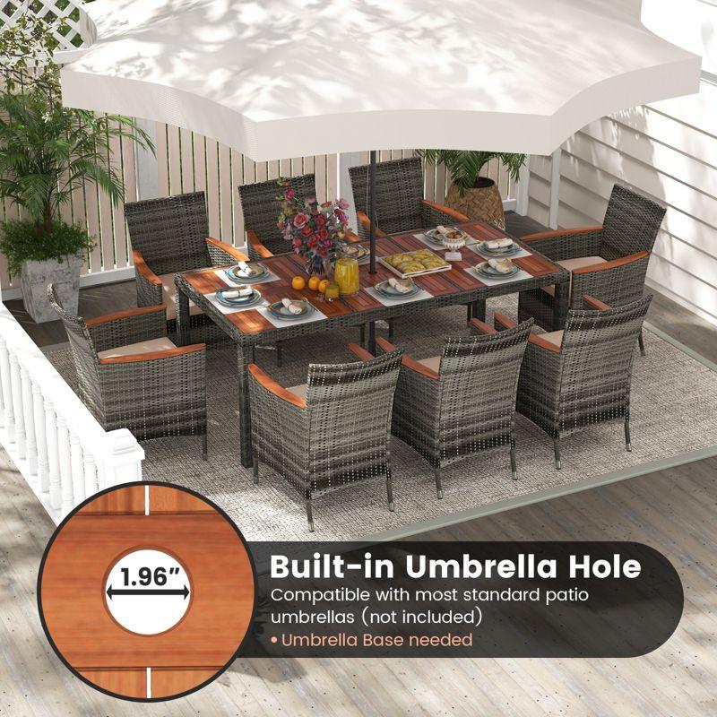 Costway 9PCS Patio Rattan Dining Set Mix Gray Acacia Wood Table Cushioned Chair