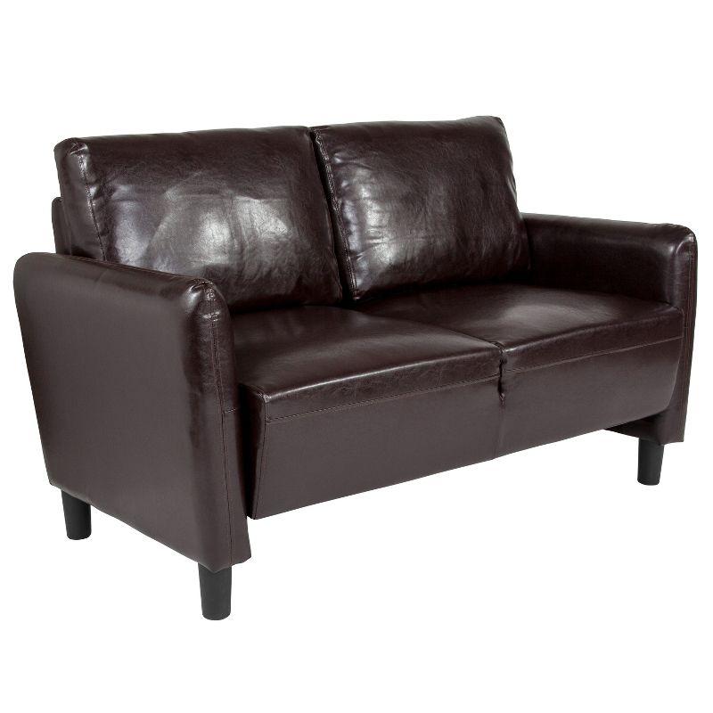 Elegant Brown Faux Leather Pillow-Top Loveseat with Wood Accents