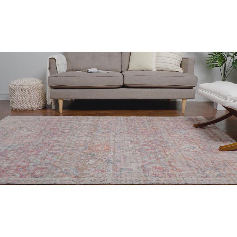 Ivory and Pink Flat Woven Washable Synthetic Area Rug 4' x 6'