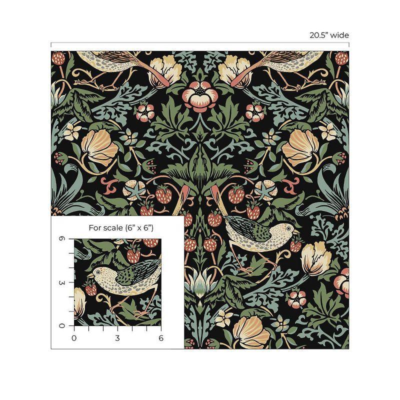 NextWall Aves Garden Peel and Stick Wallpaper Black: Whimsical Vintage Bird & Floral Design, Repositionable, Washable