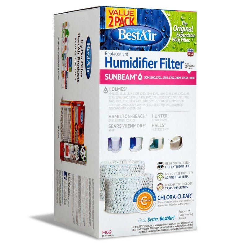 BestAir H62 Value 2pk Extended Life Humidifier Replacement Paper Wick Filter Holmes Humidifiers: Compatible with Most Models