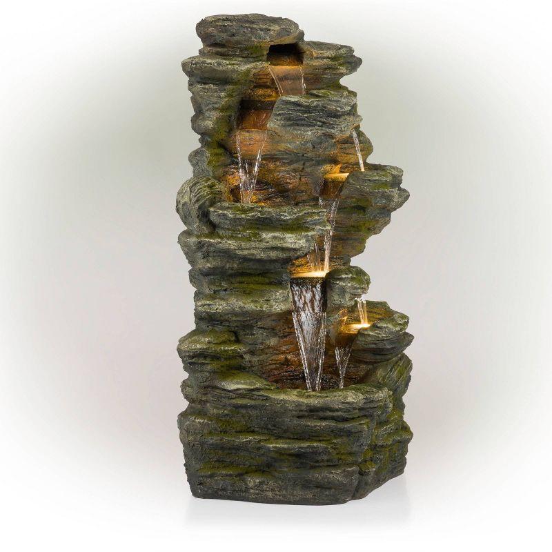 51" Resin Rock Cascading Fountain with LED Lights Gray - Alpine Corporation: Waterfall Feature, Birdbath