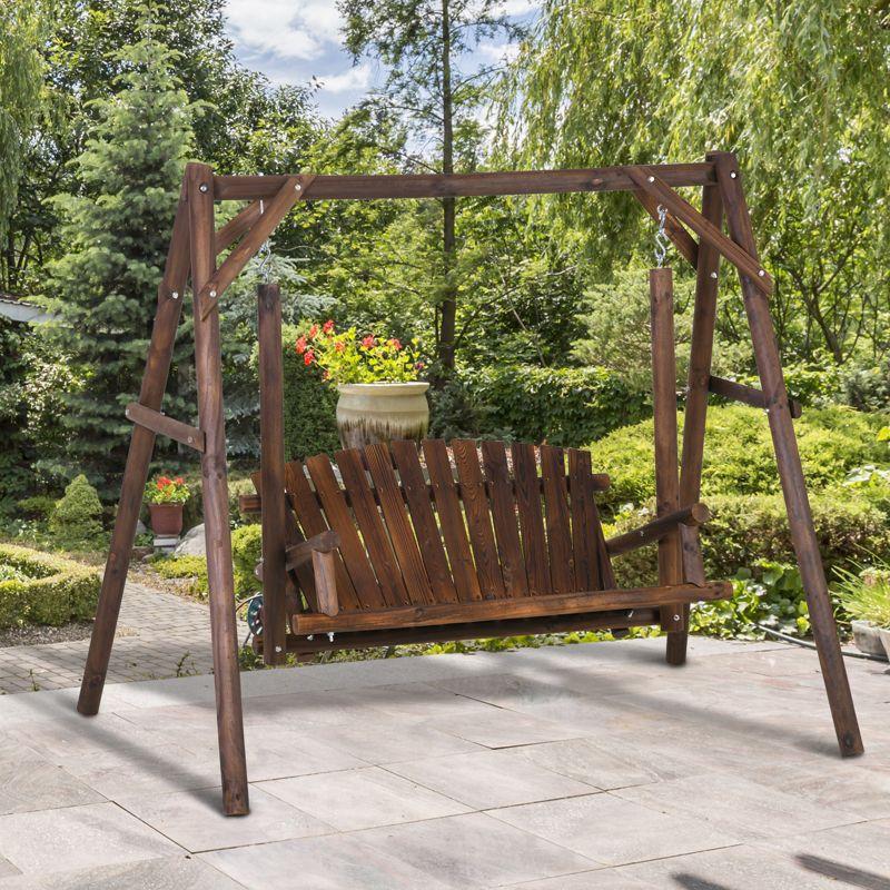 Outsunny Wooden Swing Bench, Garden Swing Chair for Patio, Yard, Porch, Carbonized
