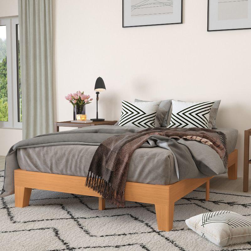 Merrick Lane Platform Bed Frame, Natural Pine Solid Wood Queen Size Platform Bed Frame With Slatted Support, No Box Spring Needed